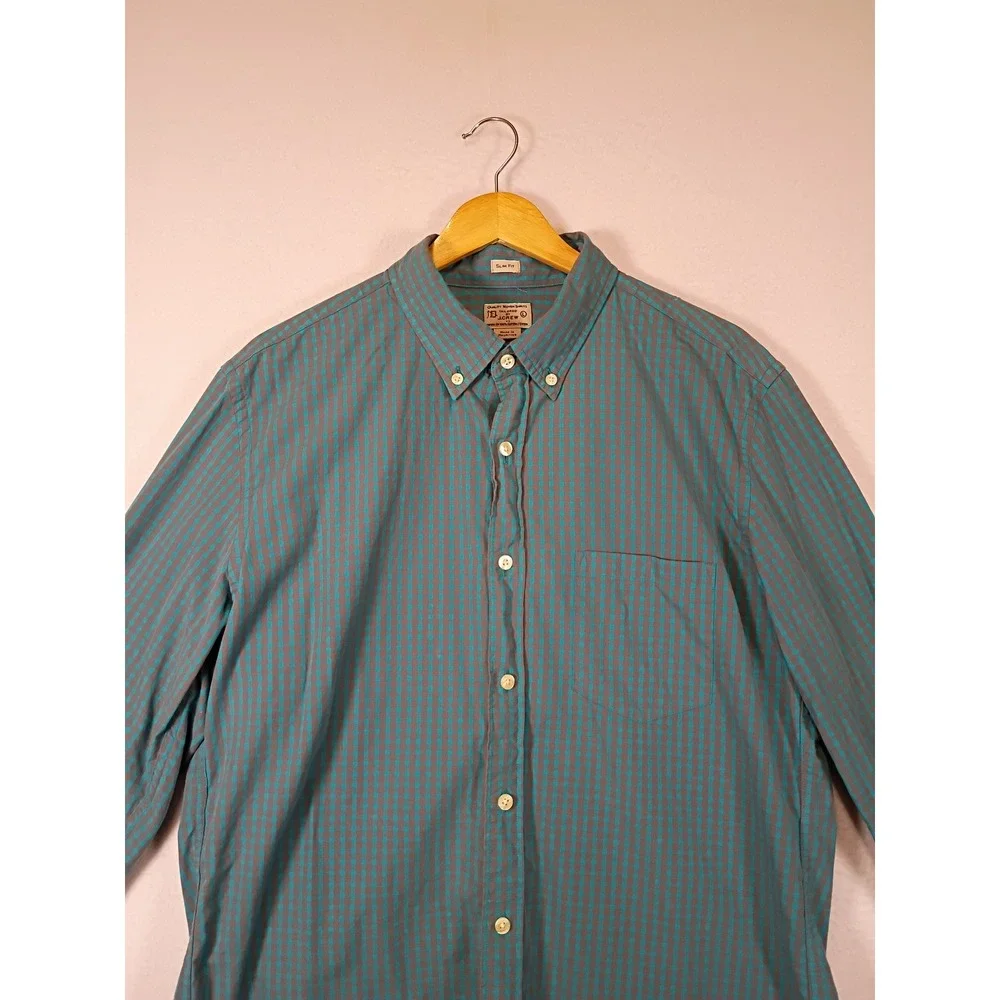 Preppy J.Crew Mens Large Teal Micro-Check Slim Fit Cotton Button Down Shirt